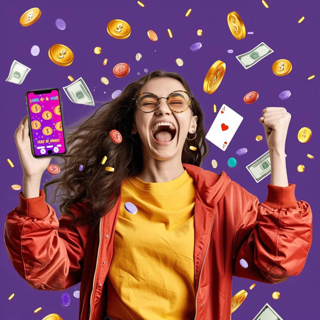 Person celebrating a win with 51 Game app and symbols of money