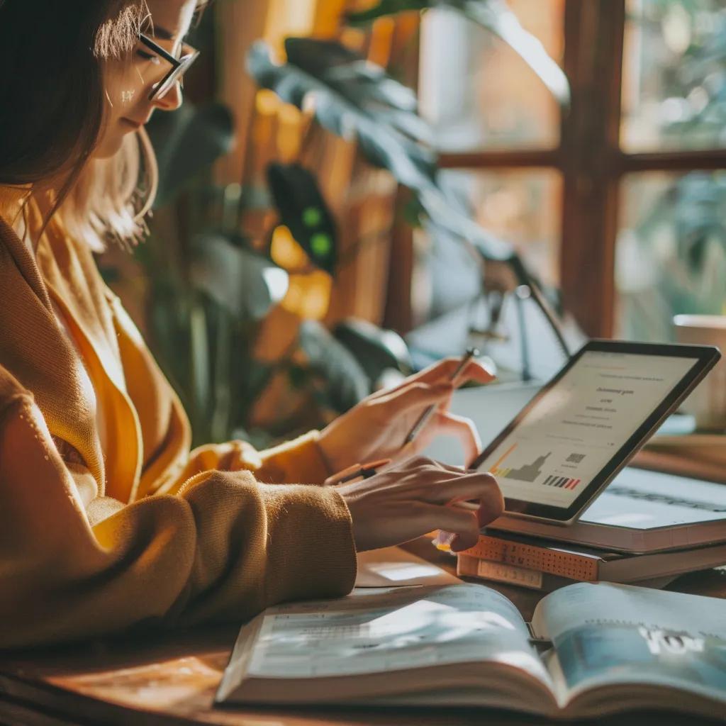 Individual managing an investment portfolio on a tablet in a cozy workspace, emphasizing portfolio construction and management
