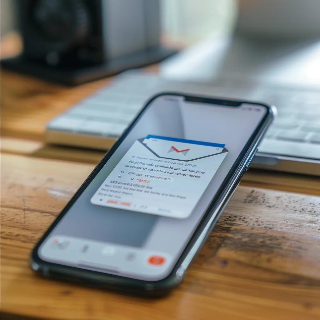 Smartphone displaying a highlighted email verification message in a home office setting